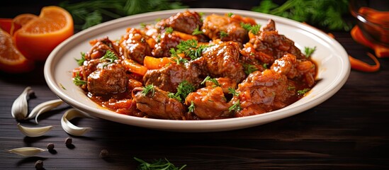 Savory Chicken Gizzards Stewed with Carrots in Rich Sauce on Rustic Wooden Table