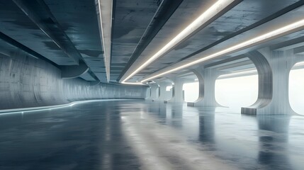 Obraz premium 3d render of futuristic concrete architecture with car park, empty cement floor.