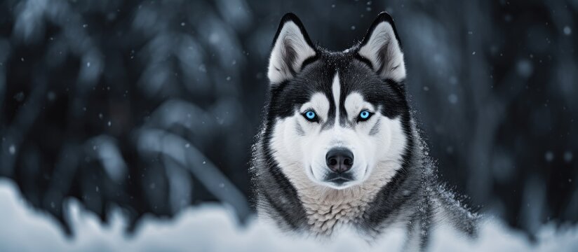 Majestic Siberian Husky with Stunning Blue Eyes Contemplates Snowy Wonderland