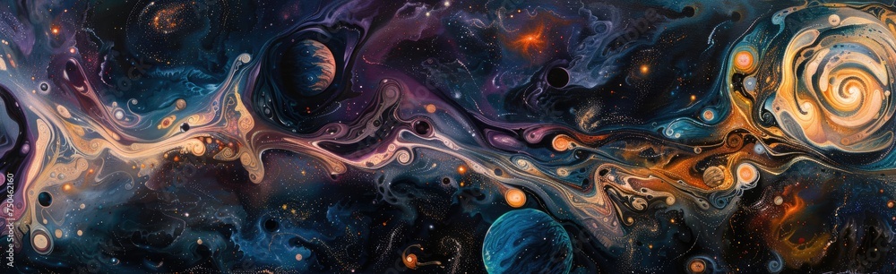 Wall mural abstract formations resembling planetary orbits and cosmic trajectories against a backdrop of swirli