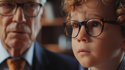 An older man and a young boy wearing glasses. Suitable for educational or family themes