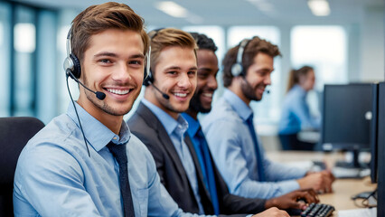 Call center employees work in corporate offices, wear headsets, and use laptop computers to talk and provide telephone service to customers at work.