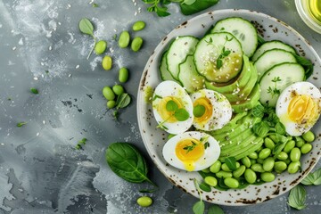 Healthy green avocado salad bowl with boiled eggs, sliced cucumbers, edamame beans, olive oil and herbs on ceramic plate top view on grey stone rustic table background. Space for text 