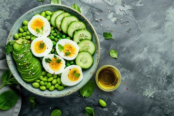 Healthy green avocado salad bowl with boiled eggs, sliced cucumbers, edamame beans, olive oil and herbs on ceramic plate top view on grey stone rustic table background. Space for text 