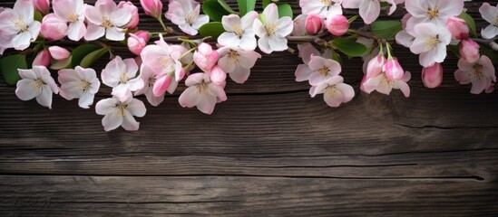 Naklejka na ściany i meble Delicate Pink Spring Blossoms Adorn Rustic Wooden Background in a Serene Display of Nature's Beauty