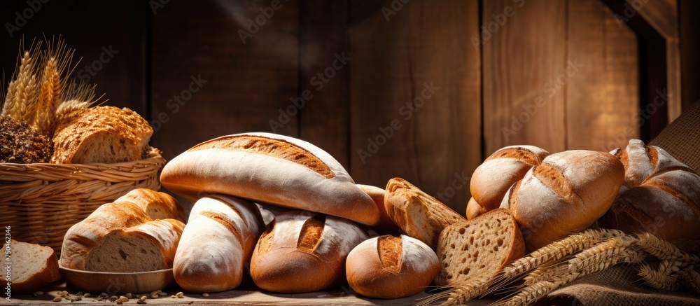 Poster assorted varieties of bread displayed in a rustic basket - bakery fresh and delicious