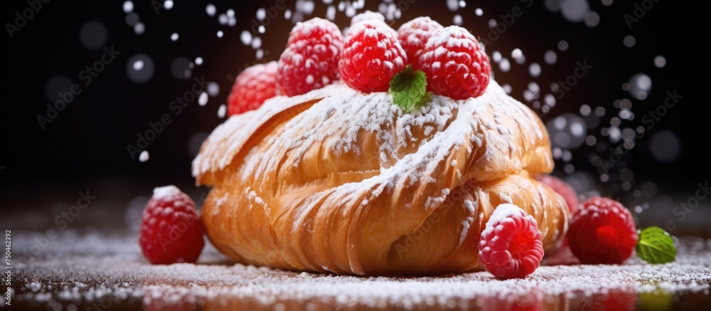 Poster exquisite raspberry topped french pastry with a dusting of powdered sugar close-up shot