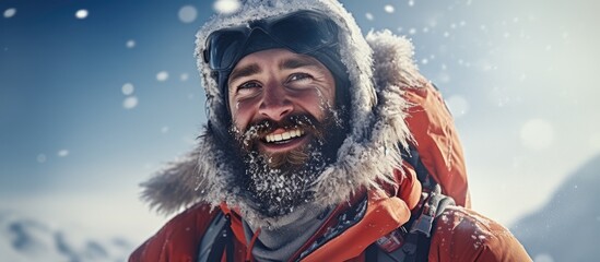 Excited Skier Enjoying Winter Adventure in Red Jacket and Hat with Snow-covered Beard