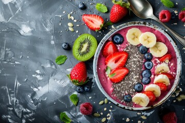 Healthy summer acai smoothie bowl with chia seeds, fresh banana, strawberry, blueberry, cocos, kiwi top view on rustic concrete background with spoon 