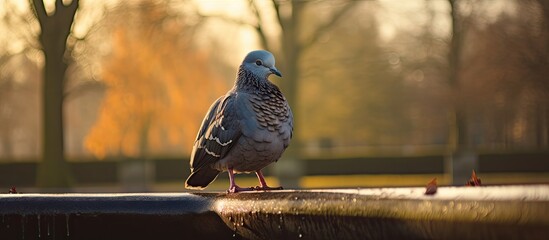 Urban Pigeon Perched on Ledge with Blurry Park Background - Powered by Adobe