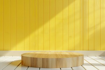 wood Podium stand studio room ,yellow background 3d pedestal platform background. Premium clean light scene minimal style floor stage modern mockup base.