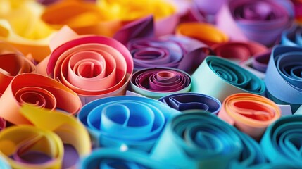 A pile of vibrant rolled paper flowers, perfect for arts and crafts projects