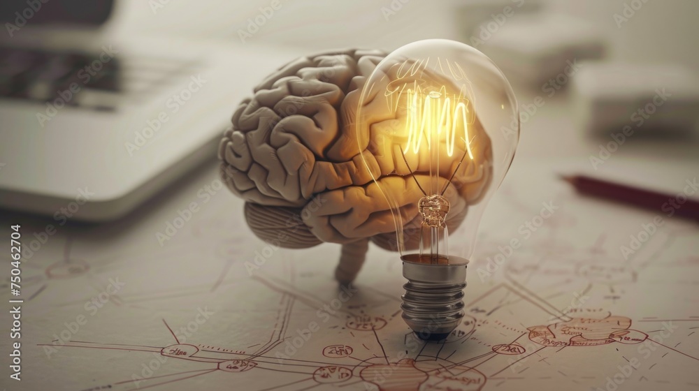 Poster light bulb with a brain inside, suitable for educational concepts
