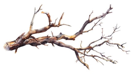 A realistic watercolor painting of a dead tree branch. Suitable for nature themes