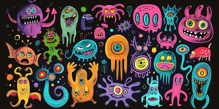 Colorful cartoon monsters on a dark background. Perfect for Halloween designs