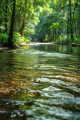 Serene river flowing through vibrant forest. Ideal for nature and travel concepts