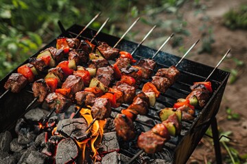 Outdoor picnic with grilling fresh meat shish kebab (shashlik) on a steel skewers on a grill wood...