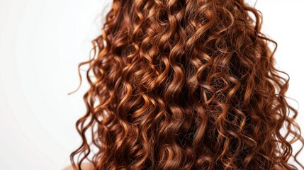 A close-up shot of the back of a woman's head with vibrant red curly hair. Perfect for beauty or haircare concepts