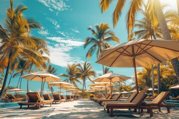 Obraz premium Outdoor tourism landscape. Luxurious beach resort with swimming pool and beach chairs or loungers under umbrellas with palm trees and blue sky. Summer travel and vacation background concept 