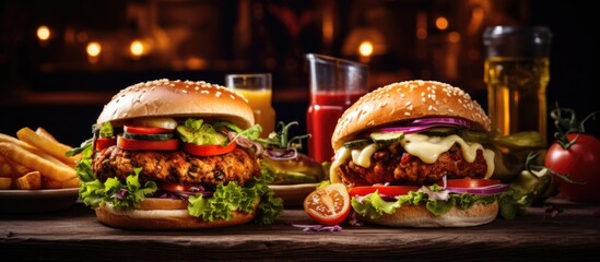 Delicious Homemade Chicken Burgers with Fresh Lettuce and Tomato Served on Dark Wooden Table