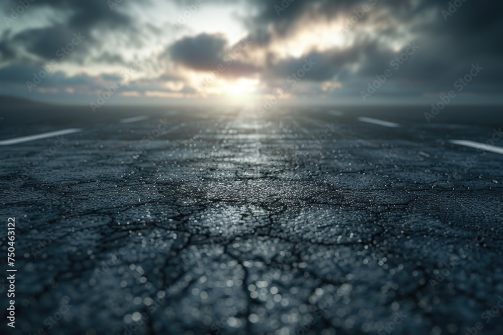 Poster An empty asphalt road with a cloudy sky in the background. Suitable for various transportation and travel concepts