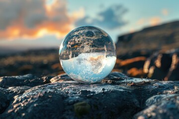 Glass ball resting on a rock, suitable for nature or outdoor themes