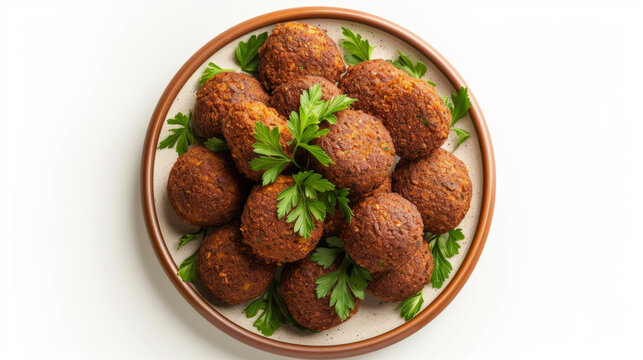 Falafel balls on a ceramic plate with a side dish of parsley, top view on a white background. The concept of Middle Eastern cuisine. Design of a vegetarian menu, culinary blog, culinary guide