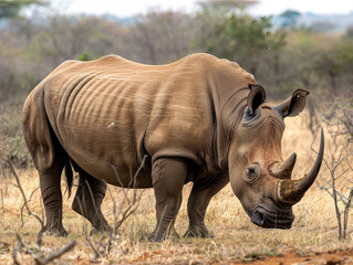Obraz premium A rhinoceros grazing in the dry African savannah, an example of majestic wildlife.