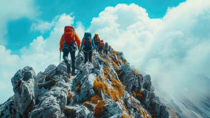 A group of people hiking up a mountain. Perfect for outdoor adventure concepts - obrazy, fototapety, plakaty