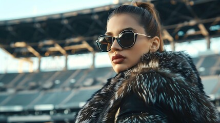 A luxurious woman stands confidently in a stadium, adorned in a fashionable fur coat and stylish sunglasses, embodying the power of fashion and the strength of the modern woman