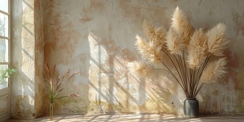 Room with a window and a vase of flowers. The vase is filled with tall dry grass.