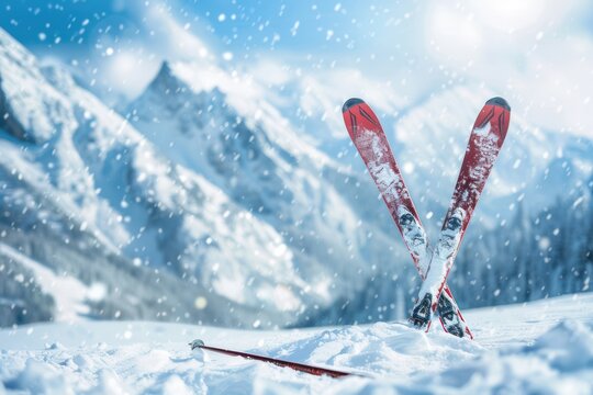 Photo of crossed skis and sticks against background of snowy landscape 