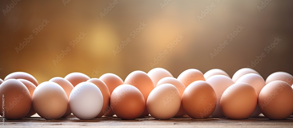 Poster organic eggs arranged neatly on rustic wooden table with soft focus background