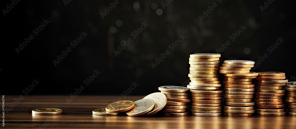 Poster illuminating wealth: stack of coins and glowing light bulb on wooden surface