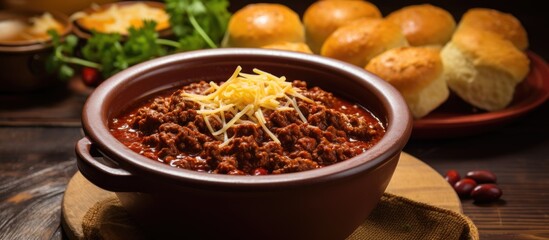 Hearty bowl of chili soup served with assorted bread rolls and cheese in rustic setting