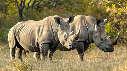 Fototapeta premium Two wild rhinos standing side by side in the savannah, a sight of companionship in the wild.