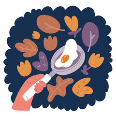 Cartoon vector illustration of hand holding a pan with egg on pan