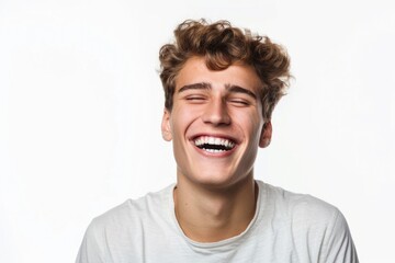 Obraz premium A young man laughing with his eyes closed. Suitable for various projects
