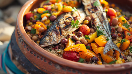 Tunisian Couscous with grilled fish and a medley of vegetables in a decorative ceramic dish. Close-up shot capturing the vibrant colors and textures of Mediterranean cuisine for design and print