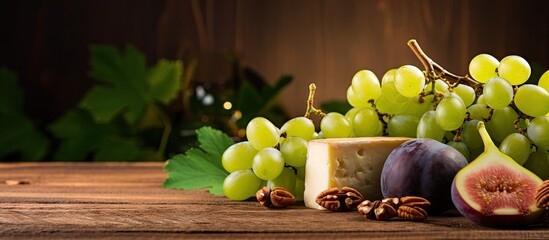 Artisan Cheese and Fresh Grapes Arranged on Rustic Wooden Table for Elegant Wine Night