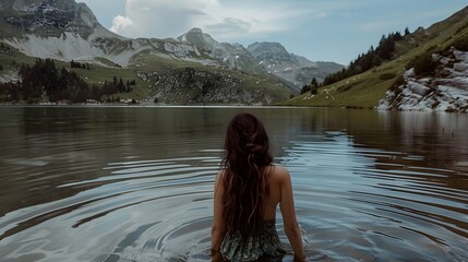 A woman in a summer dress and open long hair half in a mountain lake taken from behind 