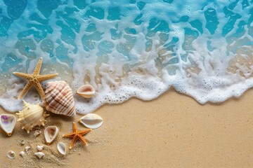 Fototapeta na wymiar summer banner top view starfish and shell with wave on sandy beach 