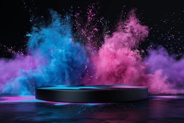 black Podium stand studio stage 3d ,background 3d for product or cosmetics presentation. Colored powder explosion, pink, blue, purple colors paint powder splash around podium on black background
