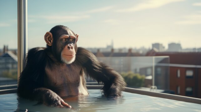 Monkey in stylish clothes sits on a sun lounger on the beach. Chimpanzee on vacation