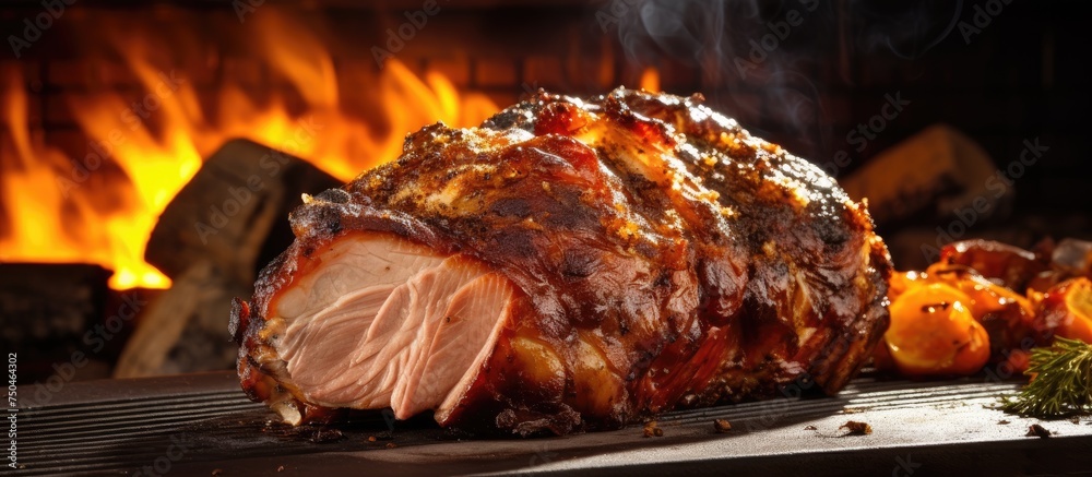 Poster Sizzling Grilled Meat on Roasting Rack Over Open Flame in Rustic Setting