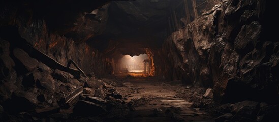Industrial Train Passing Through Dark Underground Ore Face Tunnel - obrazy, fototapety, plakaty