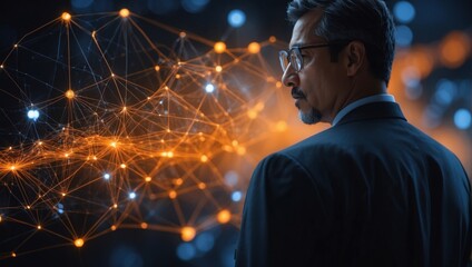 A person in a suit observes a luminous network that symbolizes connections and technological innovation, showing the flow of information in the digital world