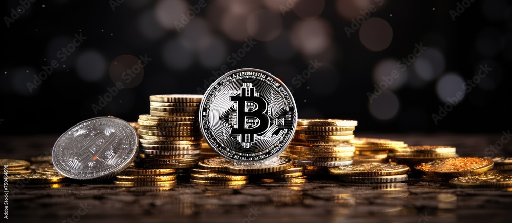 Poster ethereal bitcoin concept on silver background with symbolic wealth and finance elements