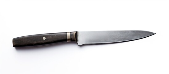 Sharp Kitchen Knife Resting on Clean White Surface Ready for Culinary Preparations