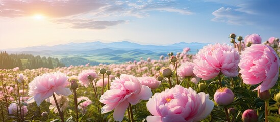 Vibrant Peony Field with Majestic Mountains in the Distance
